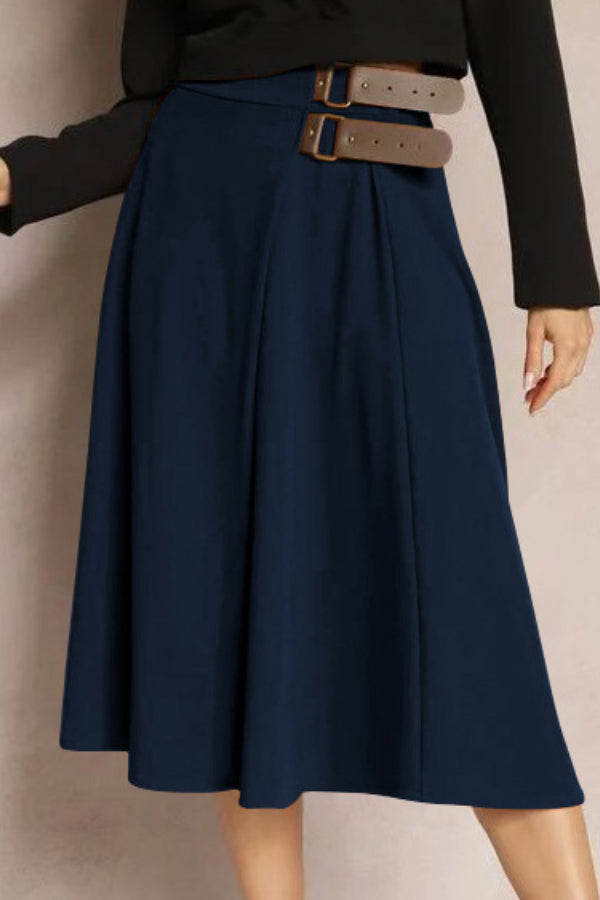 Angelica® | Solid color fashion skirt with leather stitching, elegant and artistic retro skirt for women