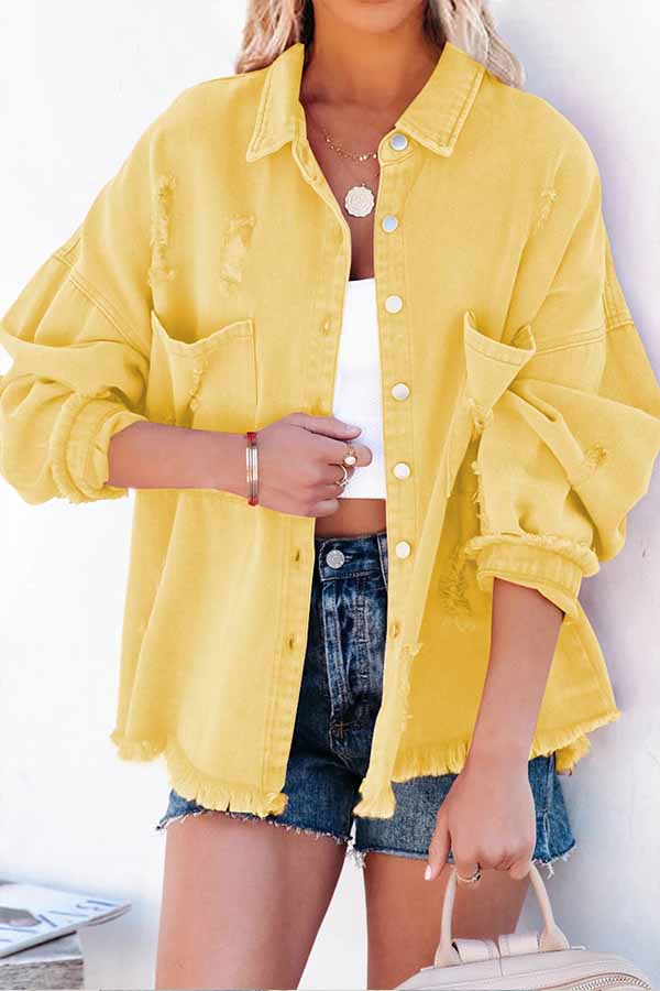 Danna® | Distressed Raw Hem Denim Jacket with Chest Pockets