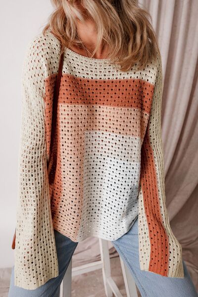Ava® | Openwork, long-sleeved sweater with a color block design