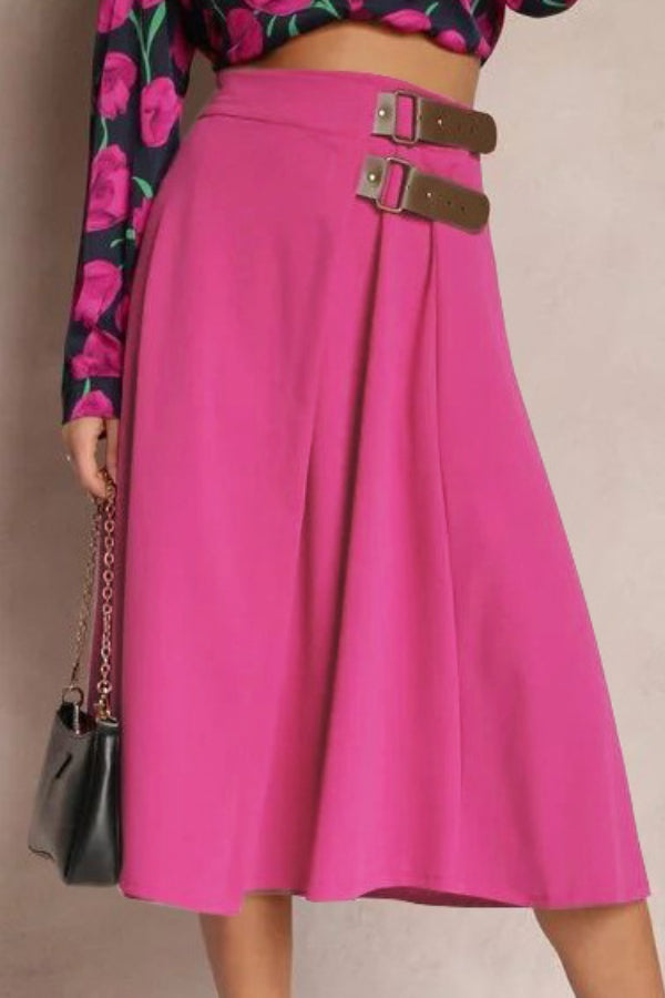 Angelica® | Solid color fashion skirt with leather stitching, elegant and artistic retro skirt for women