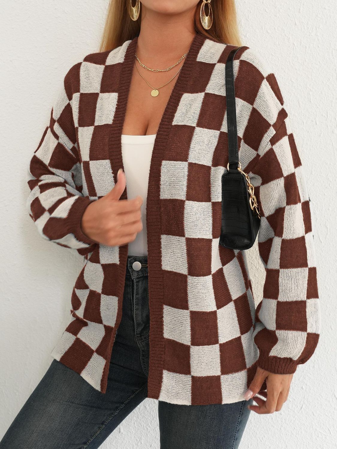 Carolina® | Checked open front long sleeve cardigan
