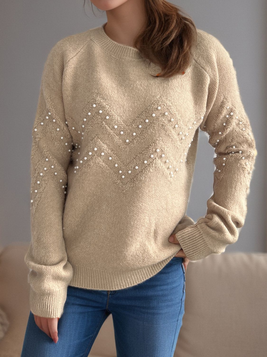 Concepcion® | Round neck sweater with raglan sleeves and pearl trim