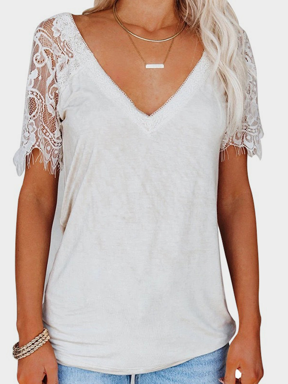 Barbara® | Short-sleeved lace patchwork V-neck T-shirt