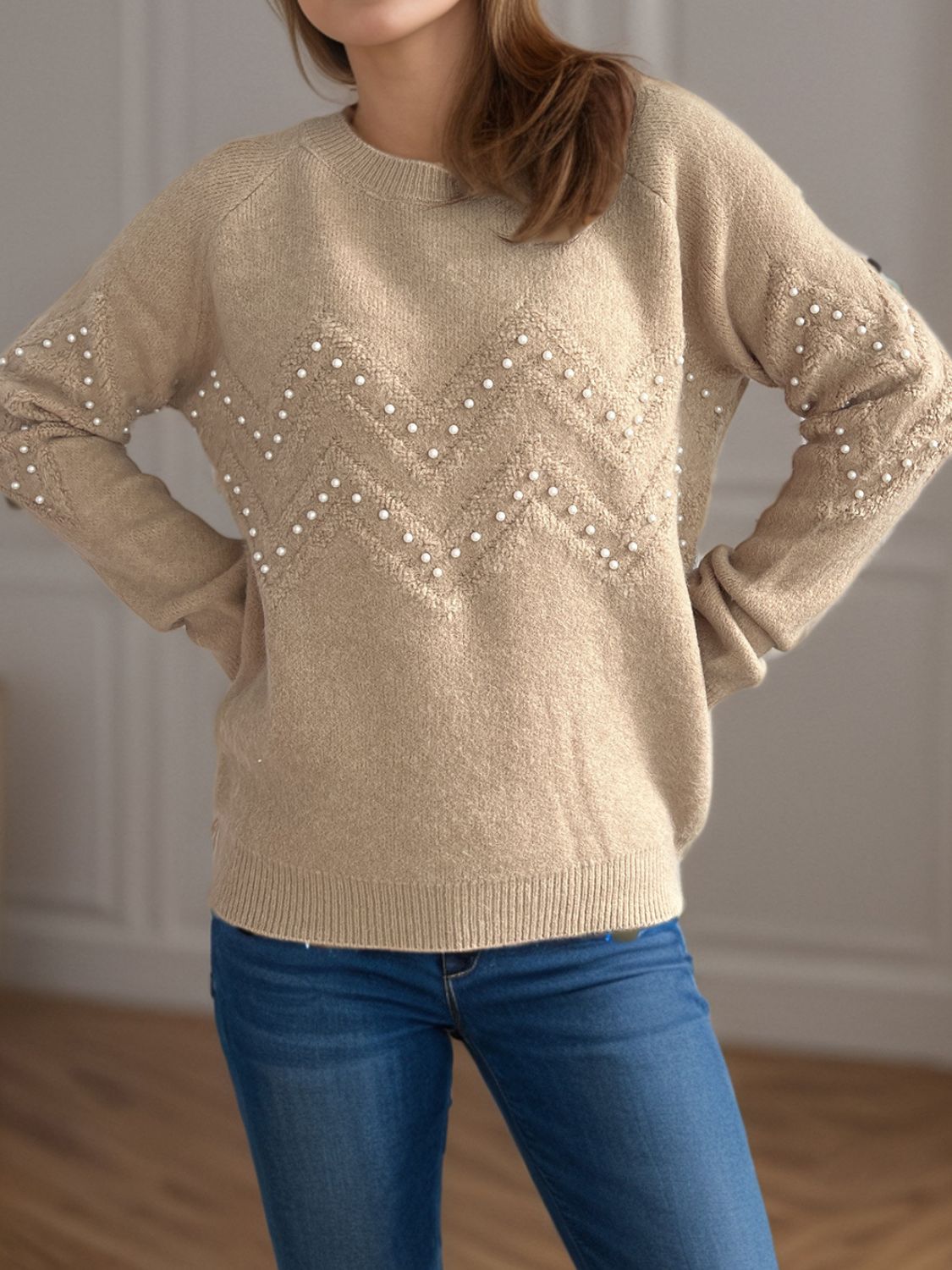 Concepcion® | Round neck sweater with raglan sleeves and pearl trim