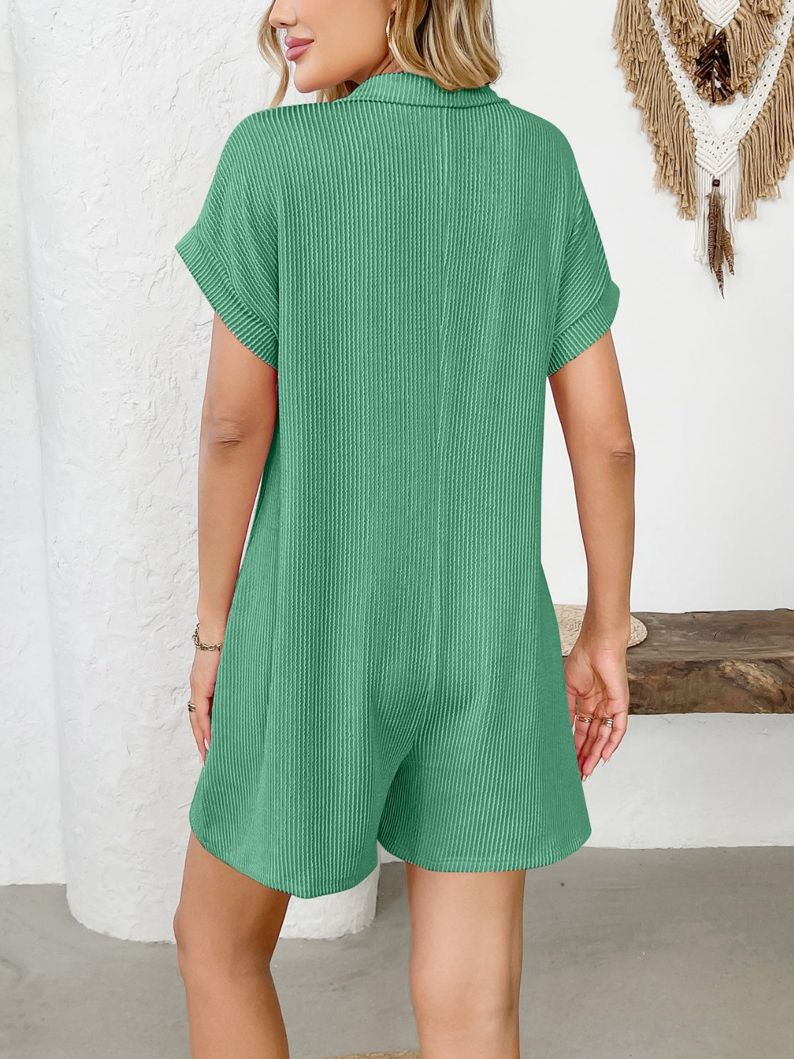 Camila® | Short sleeve romper with button detail and collar