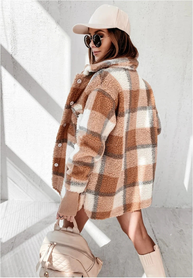 Charlotte® | Long-sleeved checked fur coat