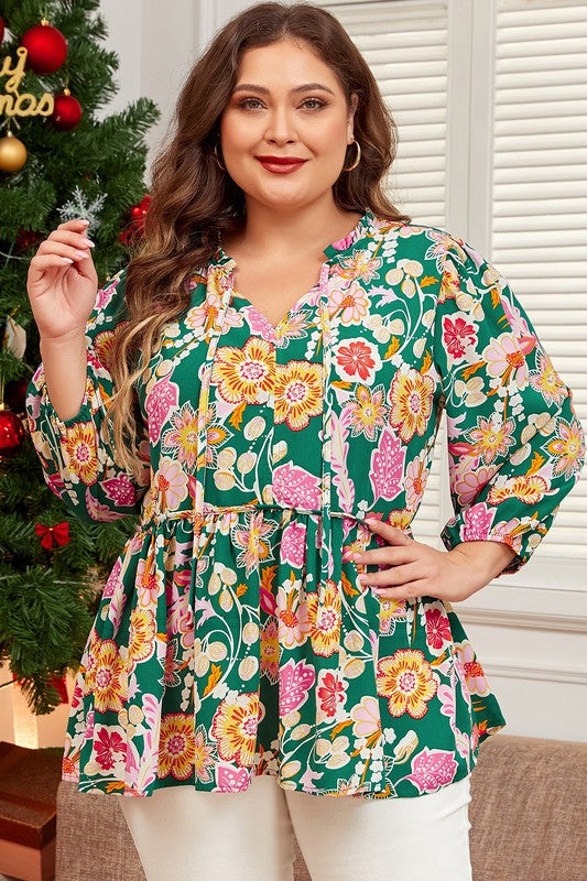 Dominique® | Plus size long sleeve babydoll top with tied V-neck
