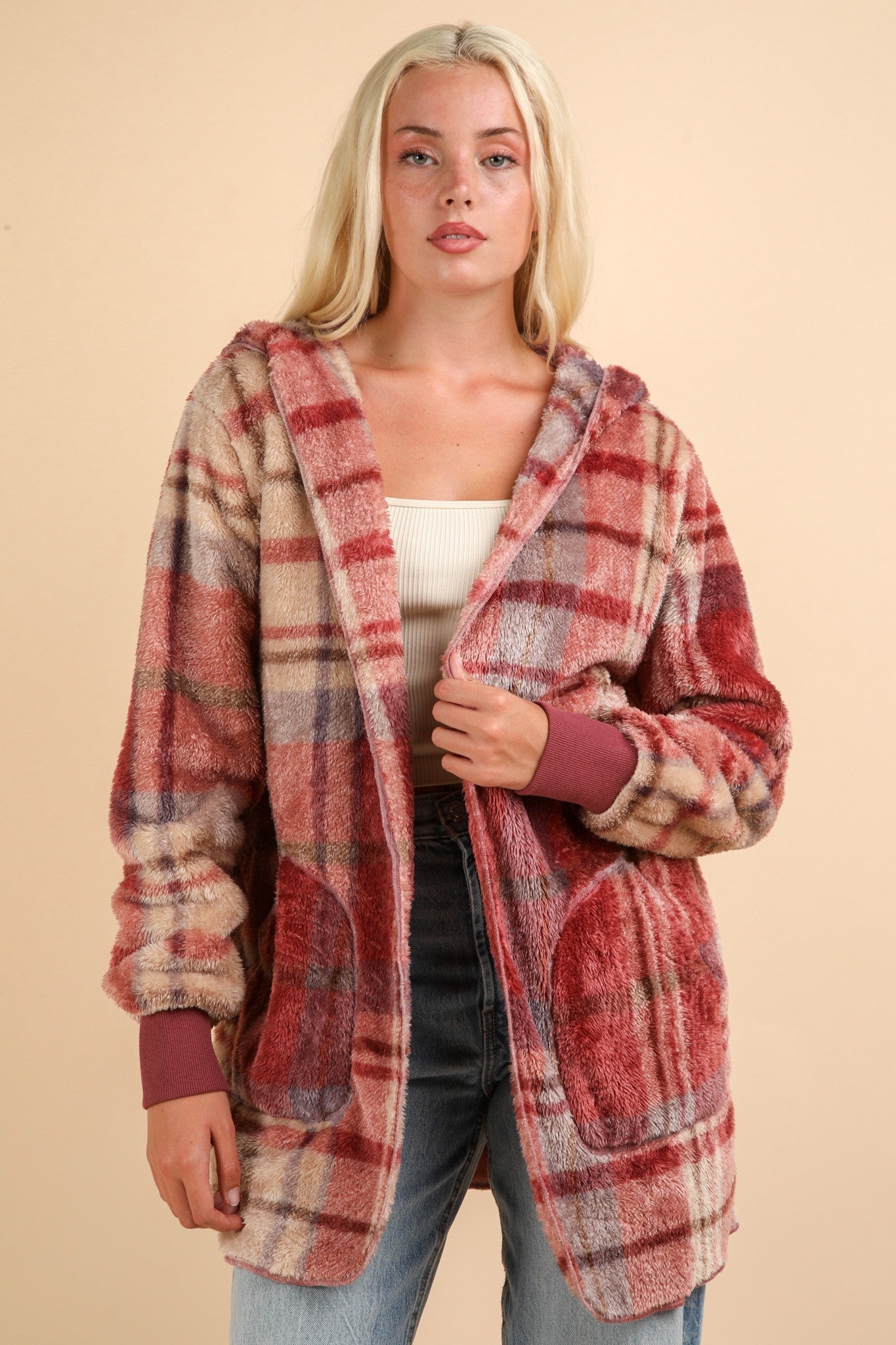 Araceli | VERY J Fuzzy Plaid Long Sleeve Hooded Jacket
