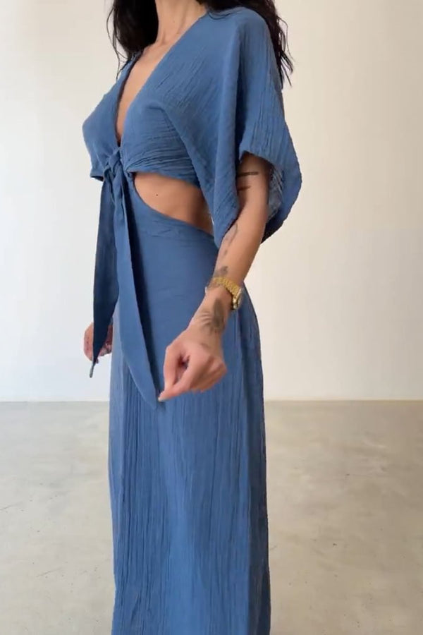 Elda® | Lace-up cotton and linen dress with exposed waist