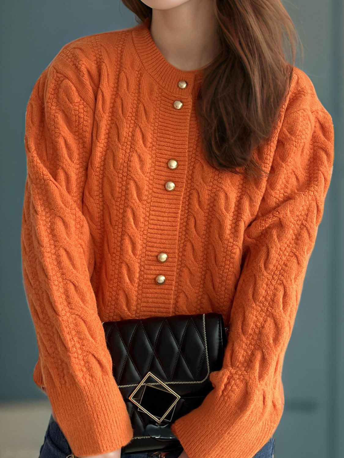 Cristina® | Cable knit cardigan with a crew neck and long sleeves