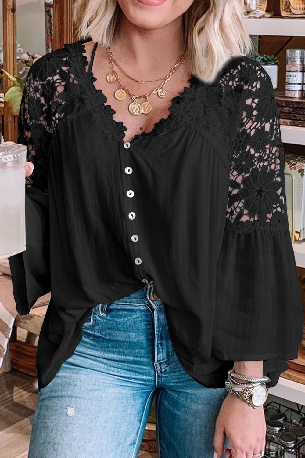 Celeste® | Top with neckline and V-neck and three-quarter sleeves