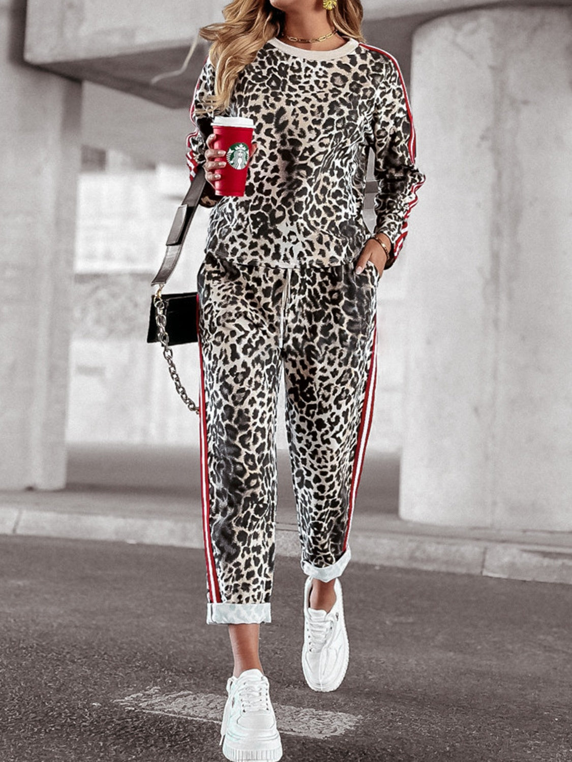 Araceli® | Leopard print round neck long sleeve top and trousers set