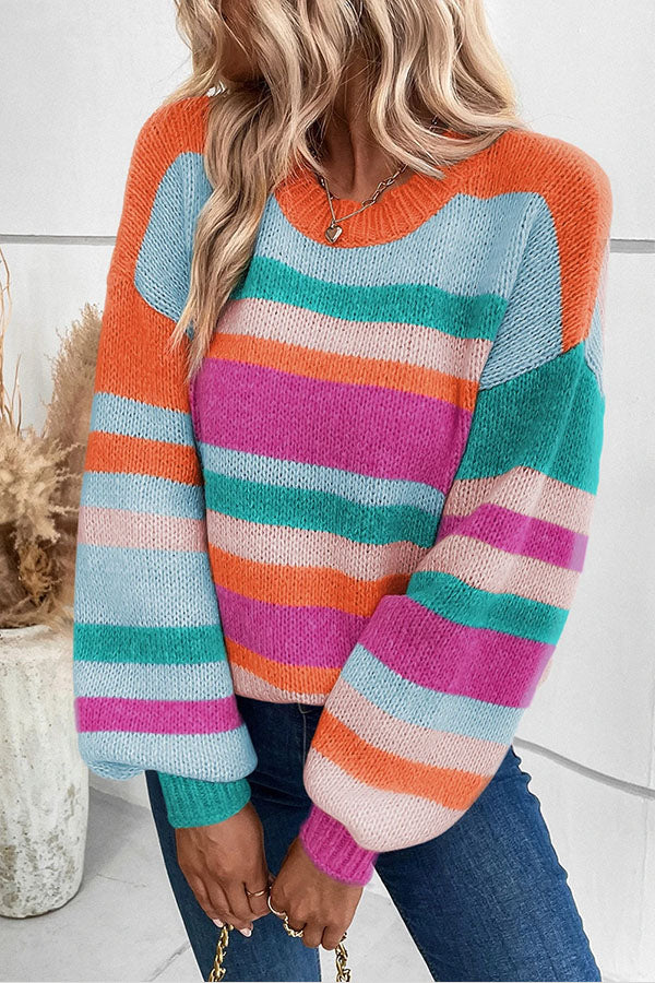 Beatriz® | Multicolour Striped Knit Drop Shoulder Lantern Sleeve Sweater