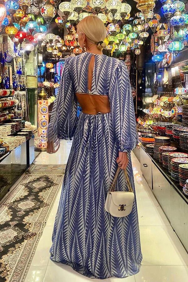 Daniela® | Backless maxi dress with geometric print, cutout elastic waistband