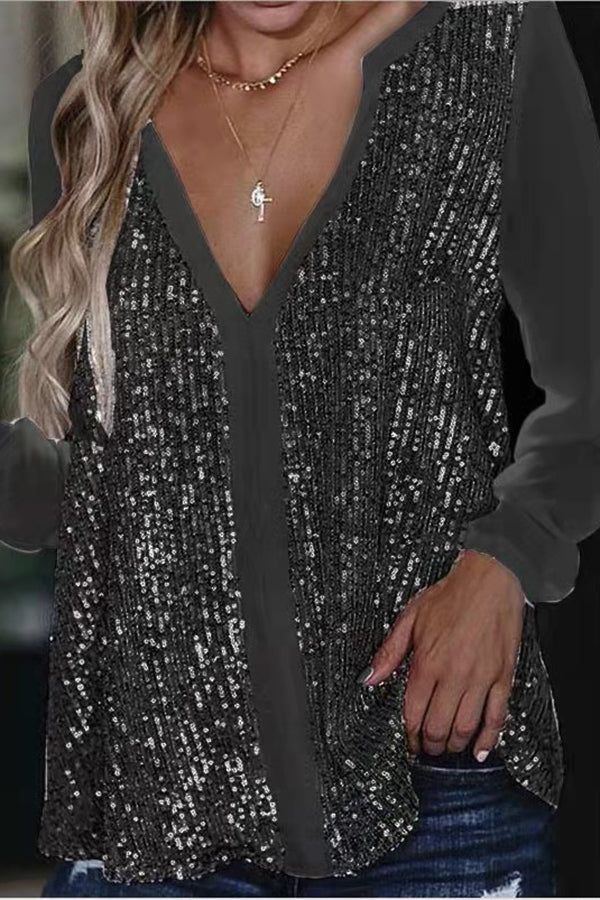 Bub® | Long Sleeve Sequin V-Neck Blouse
