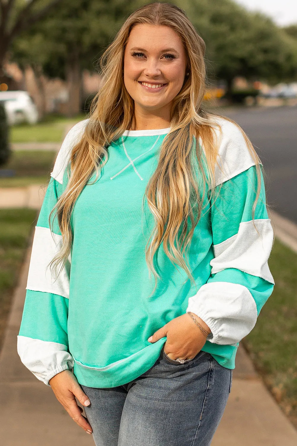 Elena® | Plus size color block long sleeve sweatshirt with exposed seams