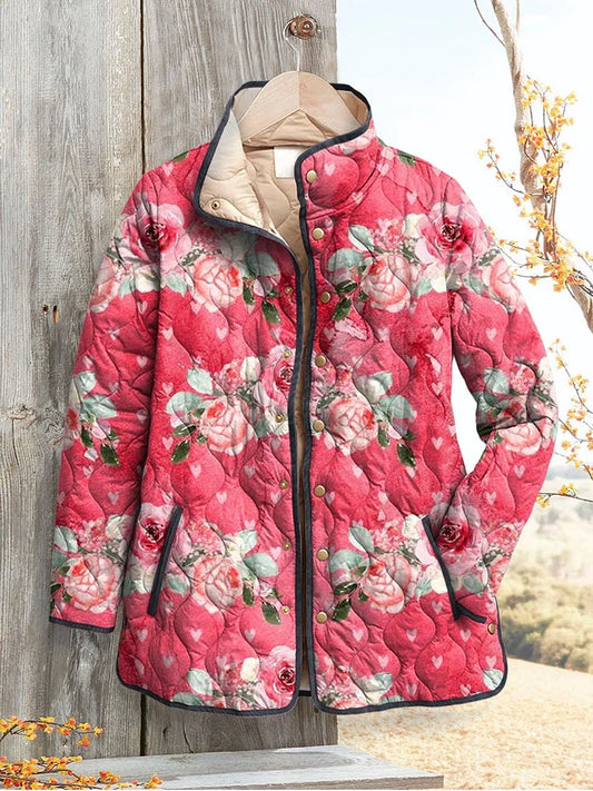 Brigida | Women's Charming Pink Floral Art Printed Casual Quilted Jacket