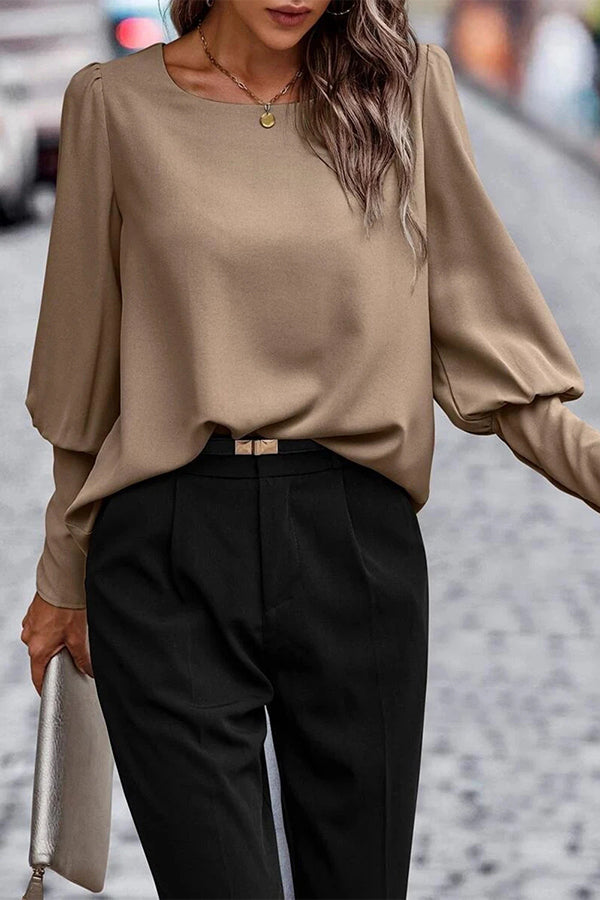 Alba® | Brown Basic Leg-of-mutton Sleeve Round Neck Blouse