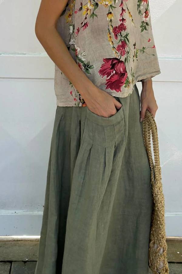 Eliana® | Casual printed cotton linen tank top and skirt two piece set