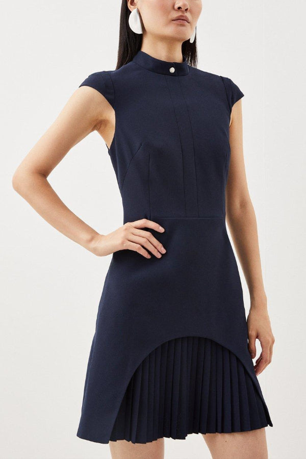 Ariana® | Military-style mini dress with cap sleeves, stand-up collar and patchwork pleated hem