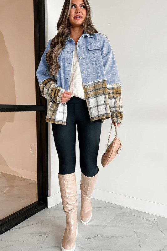 Catalina® | Oversized plaid patchwork denim jacket with buttons