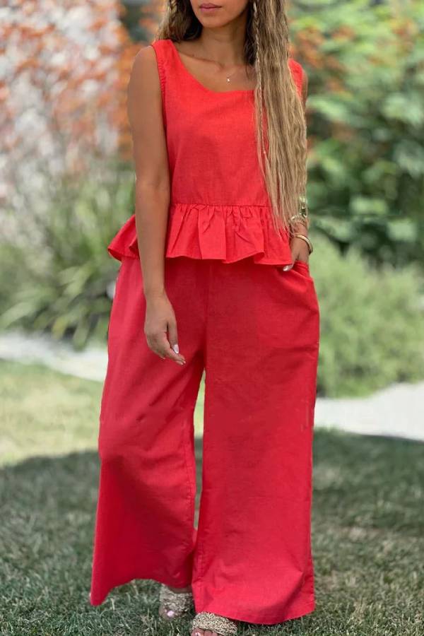 Alba® | Two-piece set consisting of a solid color cotton and linen sleeveless top and wide-leg pants