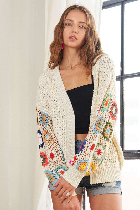 Clementine® | Full size long sleeve cardigan with contrast crochet pattern and open front