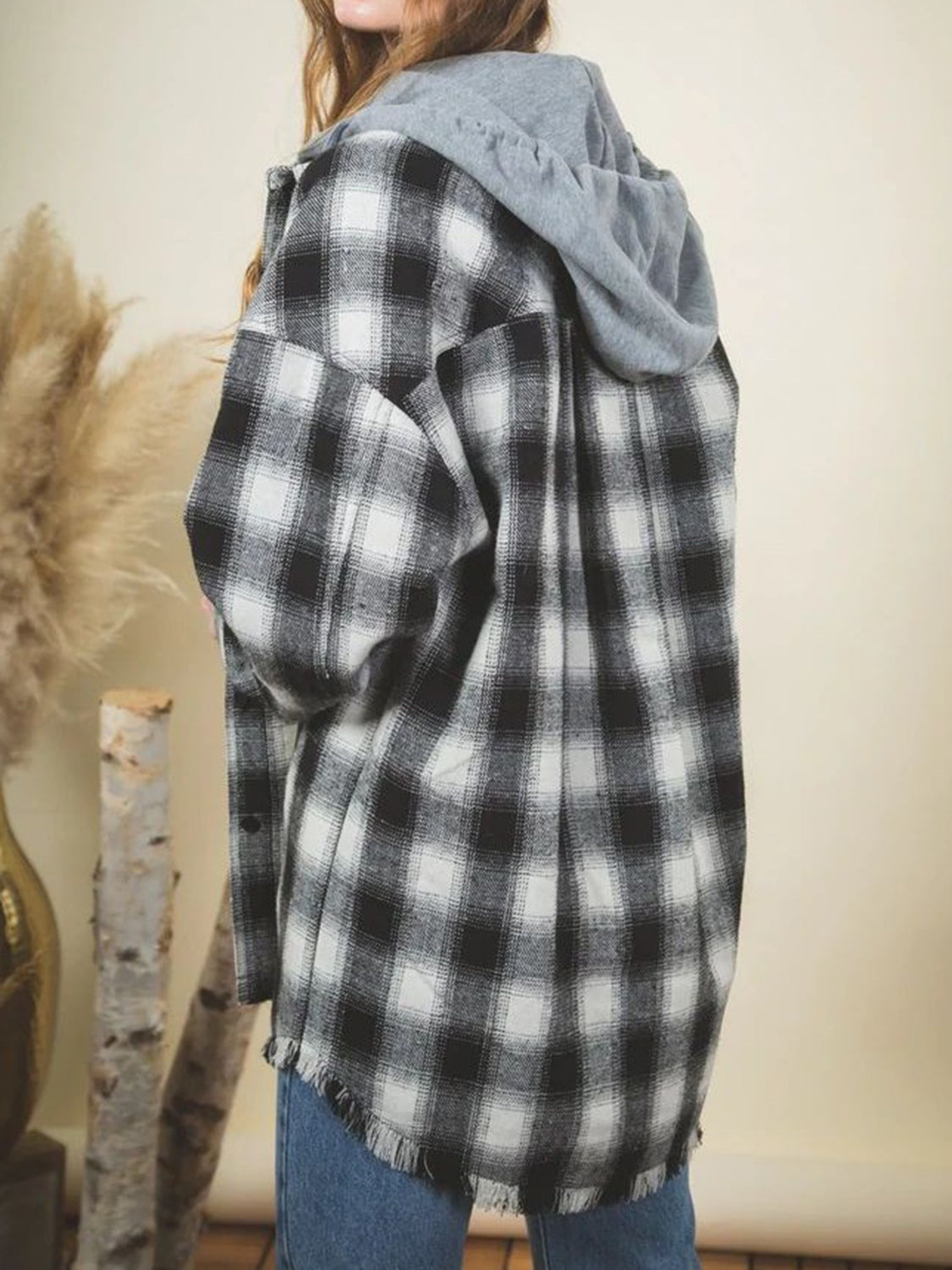 Carmen® | Checked long sleeve hooded jacket with raw hem
