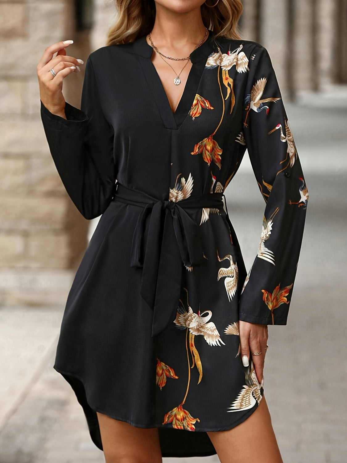 Diana® | Printed mini dress with notched roll tab sleeves
