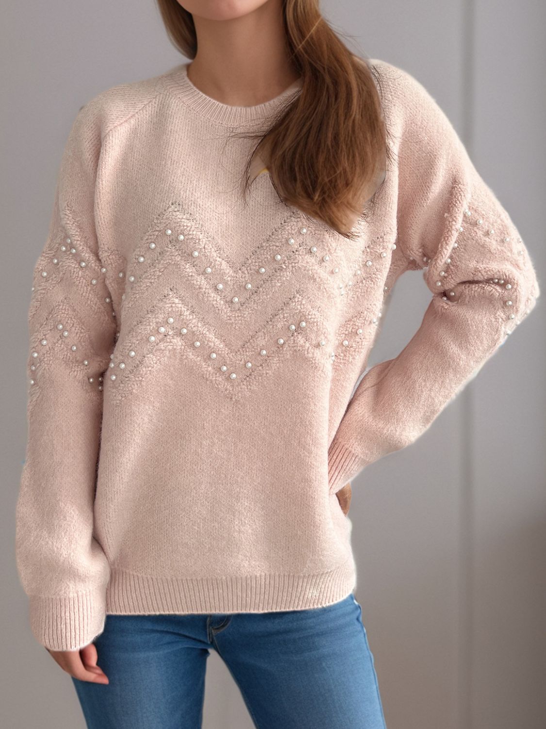 Concepcion® | Round neck sweater with raglan sleeves and pearl trim