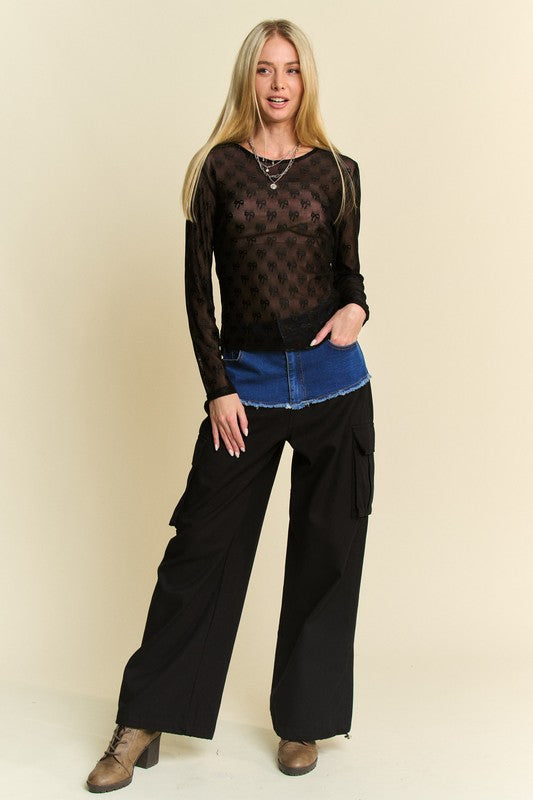 Ana Maria® | Long-sleeved mesh top with bow and crew neck