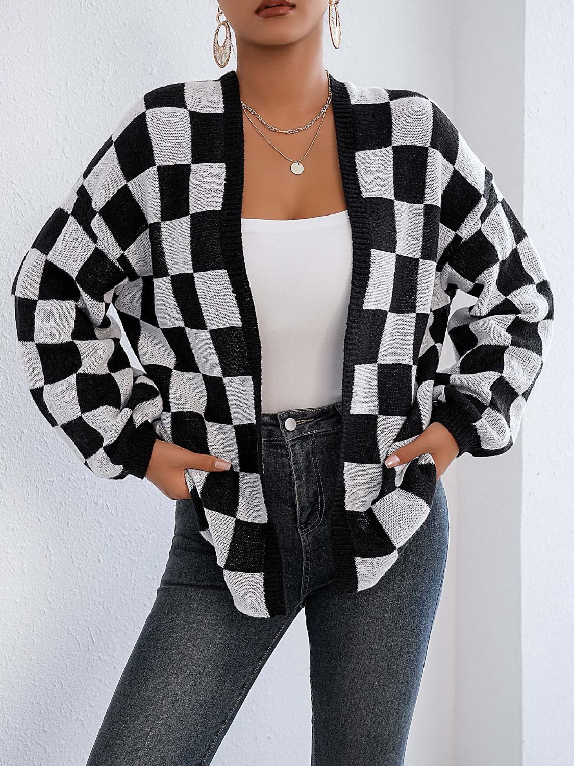 Carolina® | Checked open front long sleeve cardigan