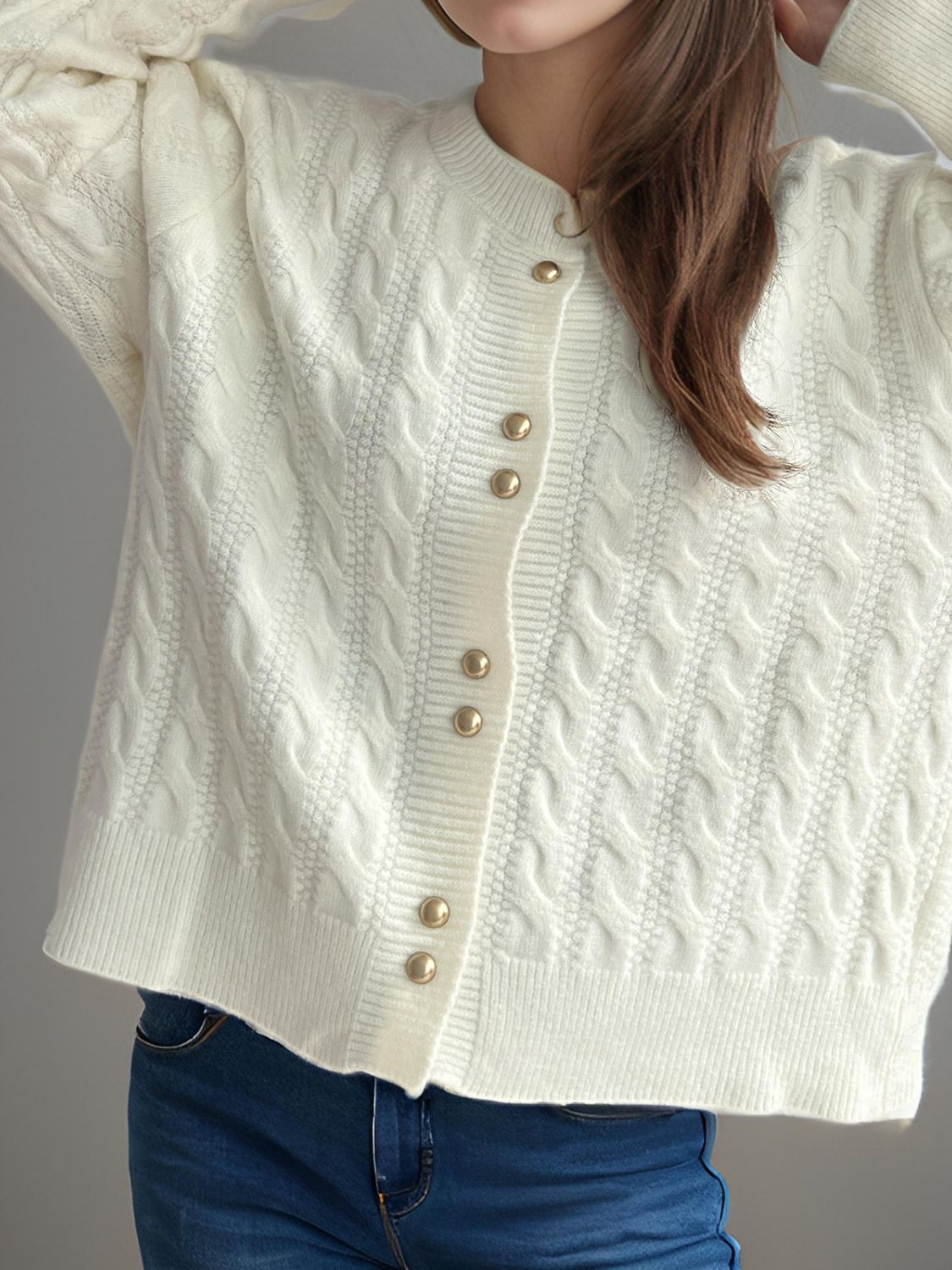 Cristina® | Cable knit cardigan with a crew neck and long sleeves