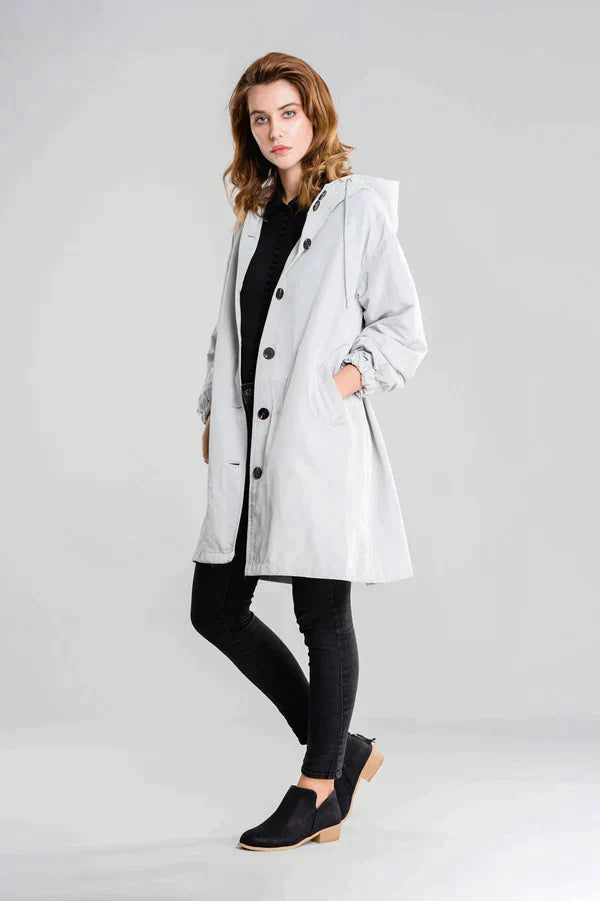 Women’s Rain Jacket – Relaxed Fit – Hooded – Water-Repellent – Button Front – Hip Length