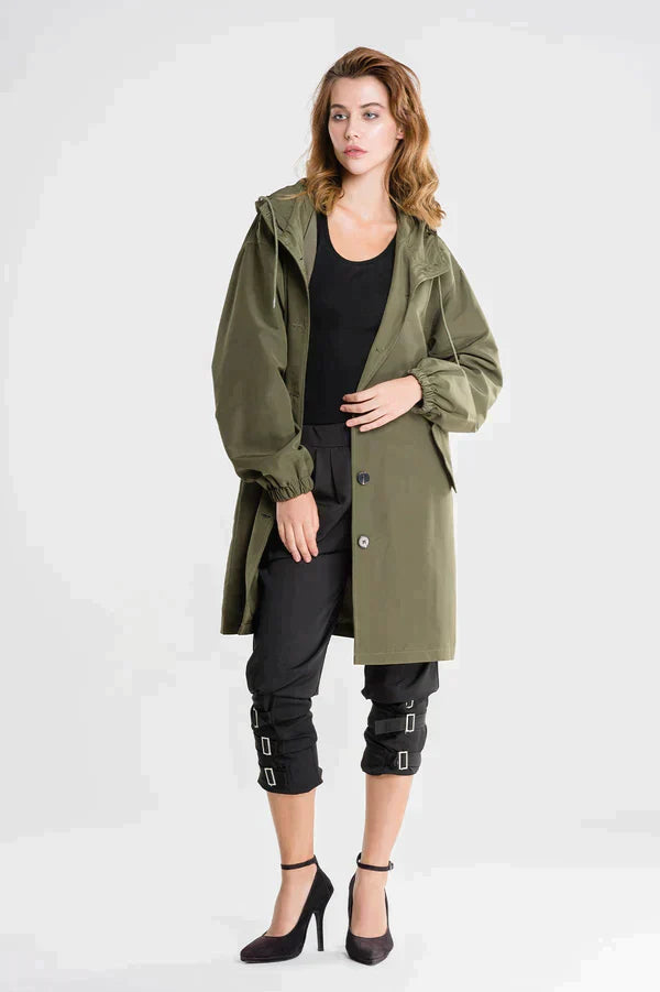 Women’s Rain Jacket – Relaxed Fit – Hooded – Water-Repellent – Button Front – Hip Length