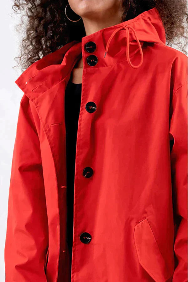 Women’s Rain Jacket – Relaxed Fit – Hooded – Water-Repellent – Button Front – Hip Length