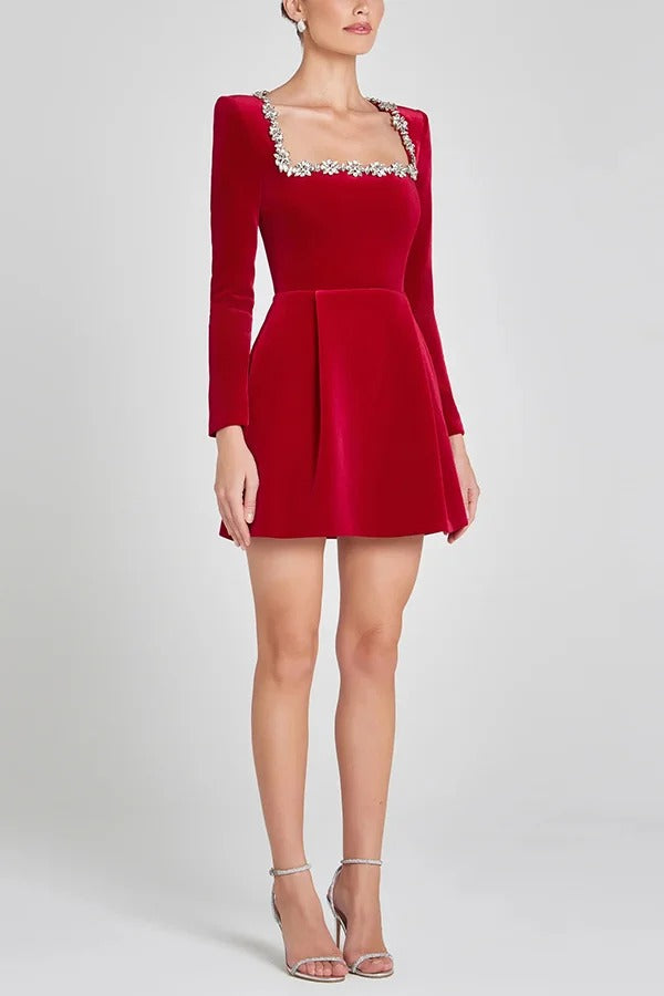 Aranza® | Endless Celebration jewel embellished velvet mini dress with long sleeve pockets
