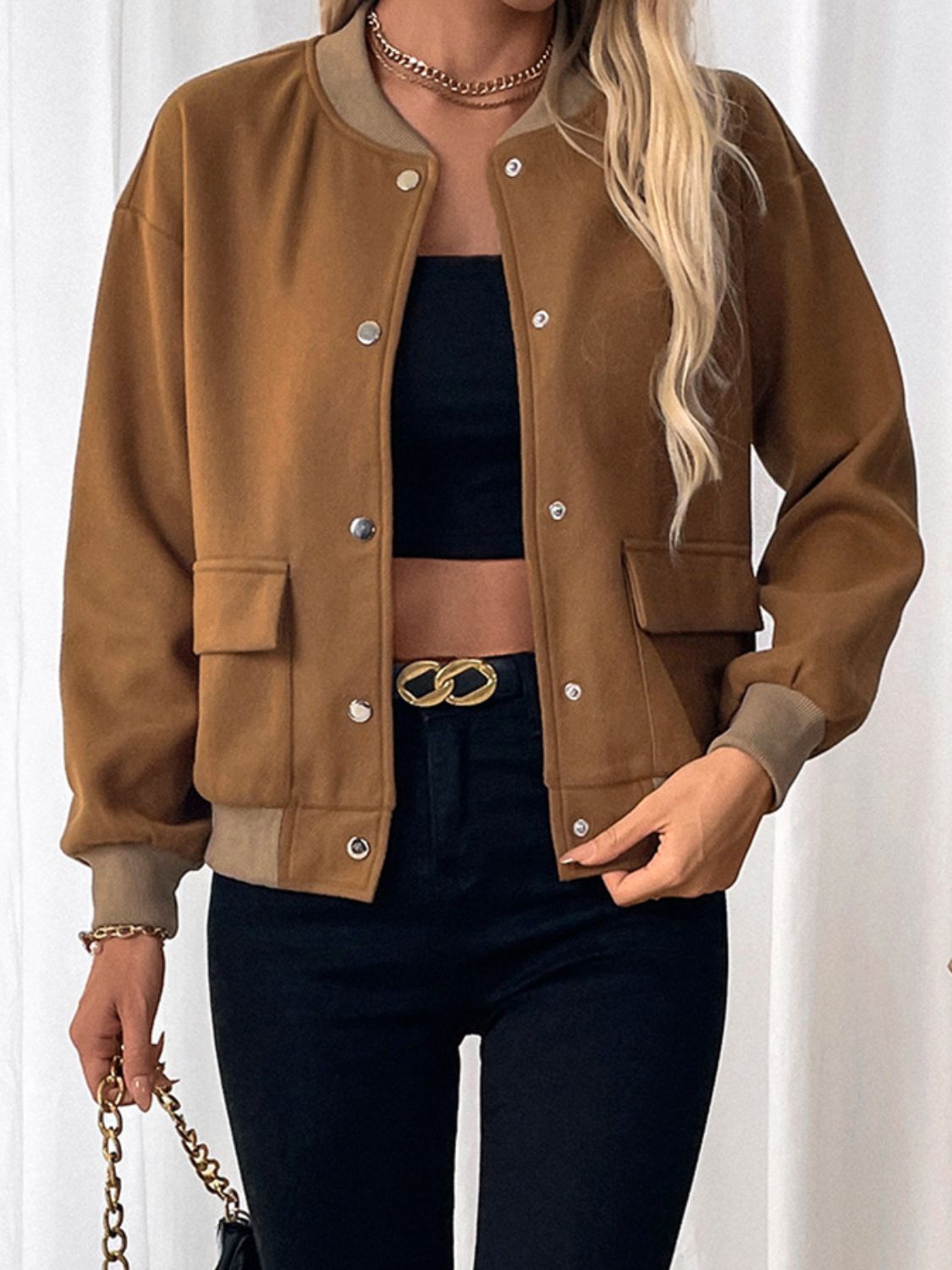 Araceli® | Perfee Baseball Collar Snap Down Long Sleeve Jacket