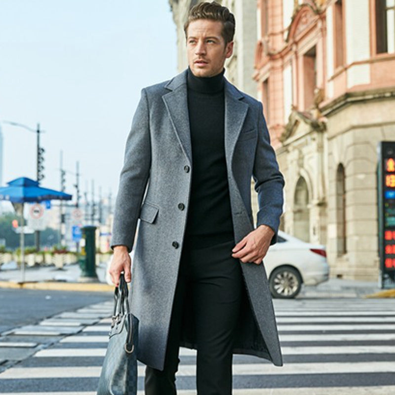 Men’s Coat – Tailored Fit – Wool Blend – Knee Length – Lapel Collar Formal Style