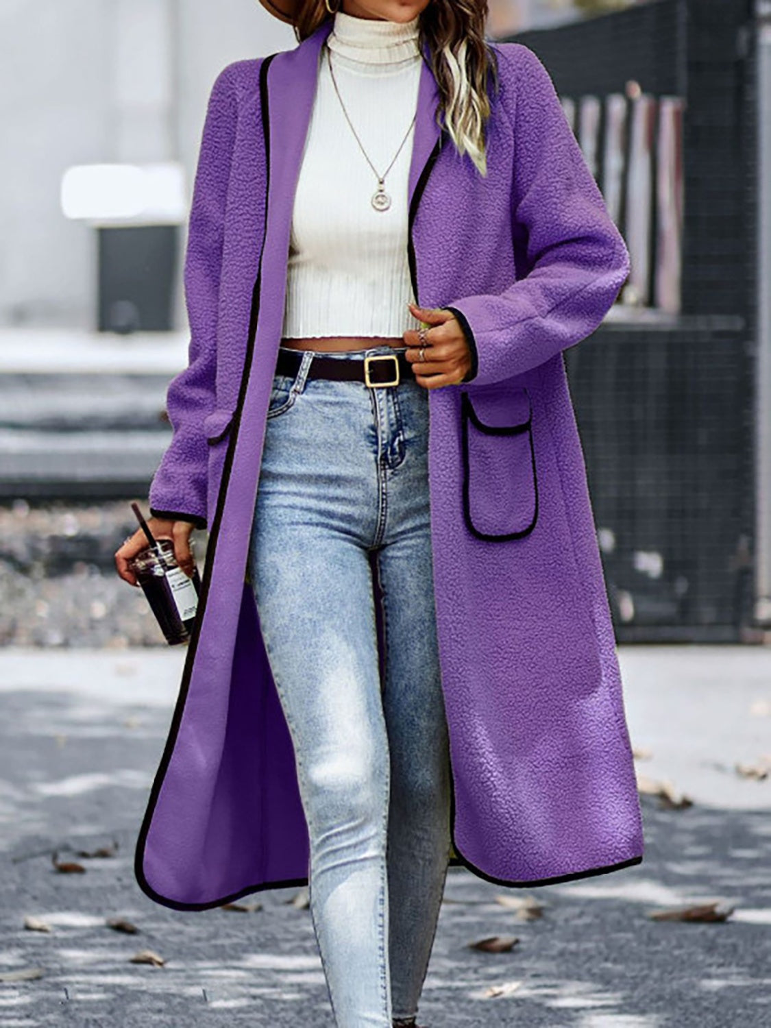 Claudia® | Full size long sleeve coat with contrast trim and pockets
