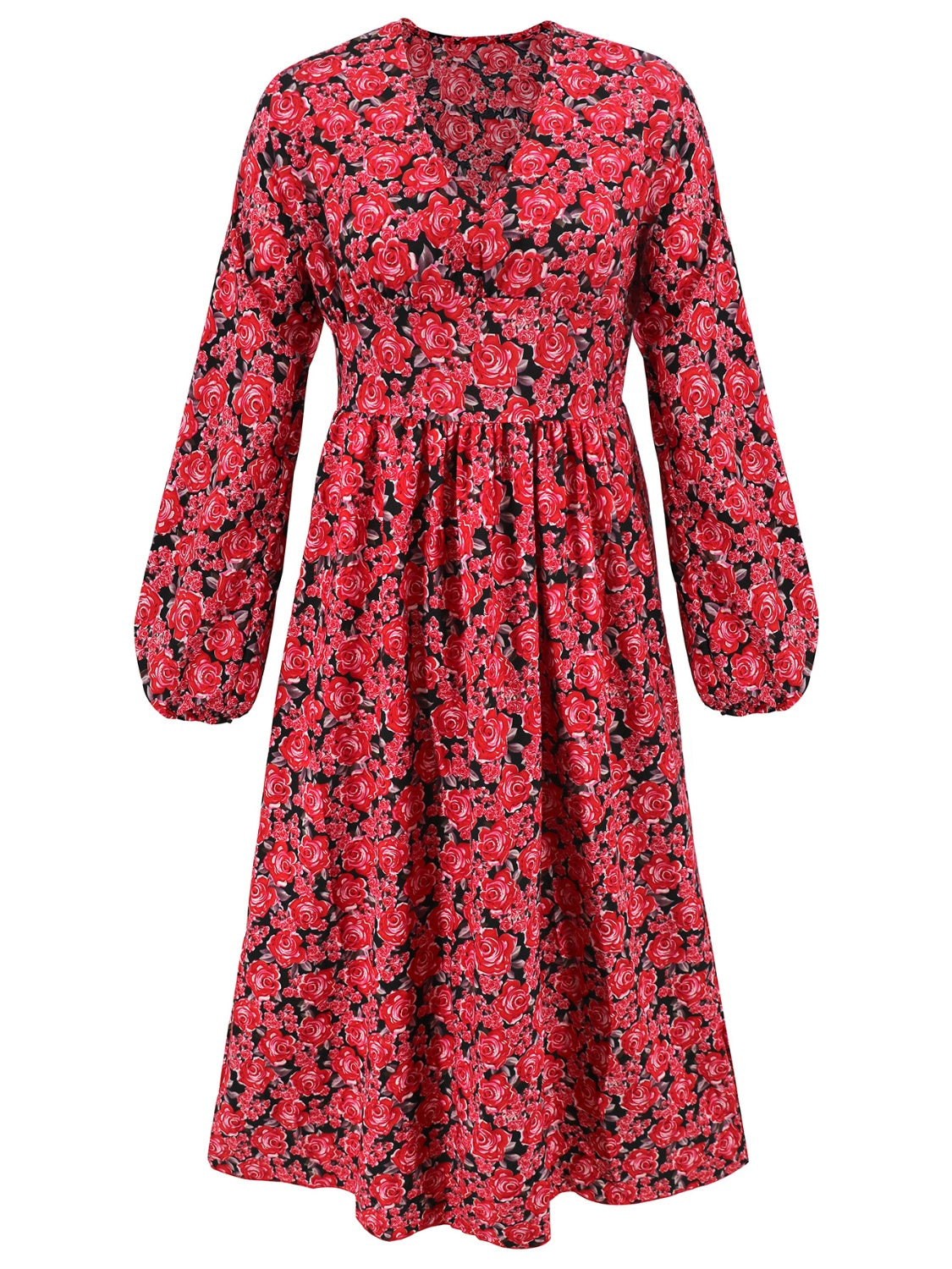 Aranza® | Floral midi dress with a V-neck and long sleeves