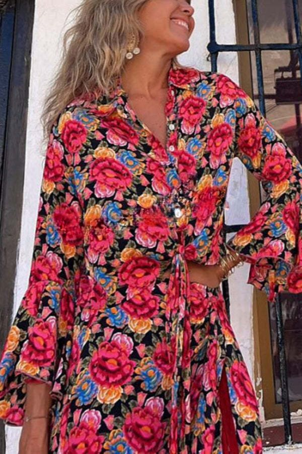 Denise® | Grace Given shirt with floral ruffles, bell sleeves and buttons at the waist