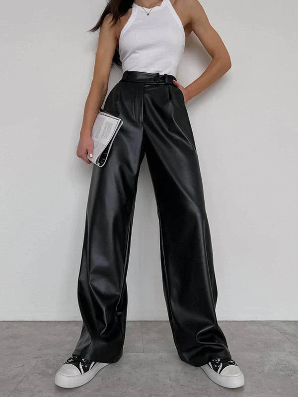 Women’s Wide-Leg Trousers – High Waist – Faux Leather – Pleated Waist – Full Length