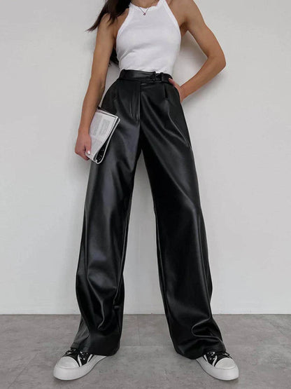 Women’s Wide-Leg Trousers – High Waist – Faux Leather – Pleated Waist – Full Length