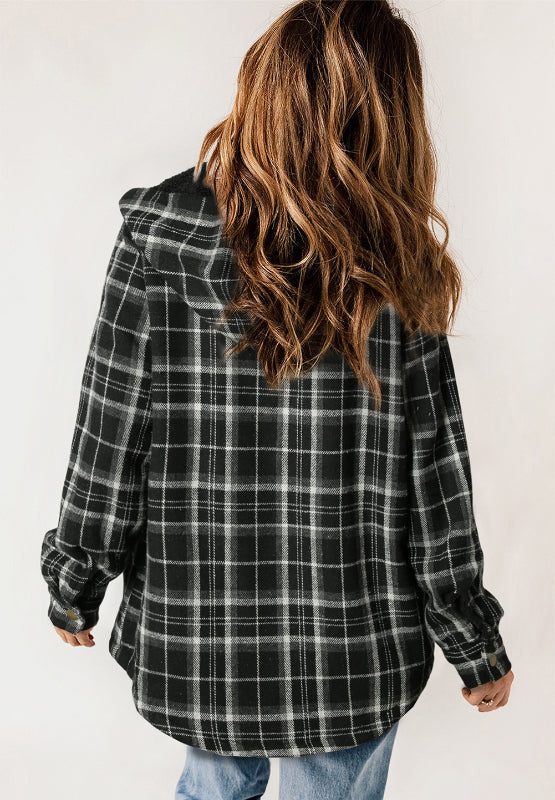 Brigida® | Checked button down long sleeve hooded jacket