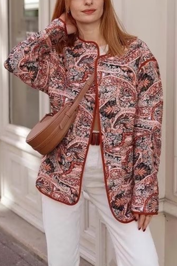 Edna® | Retro Print Loose V-Neck Cardigan Cotton Jacket