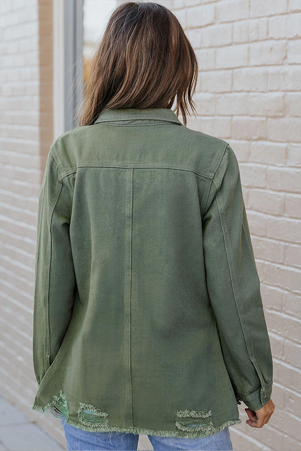 Clara® | Casual Ripped Raw Hem Button Up Denim Shacket