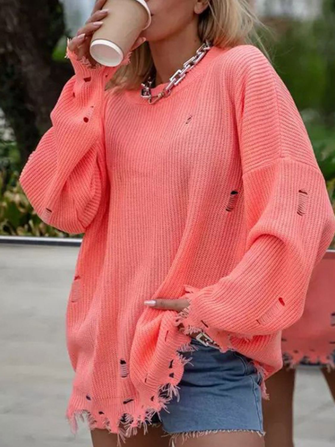 Brigitta® | Long-sleeved crew-neck sweater with a distressed look
