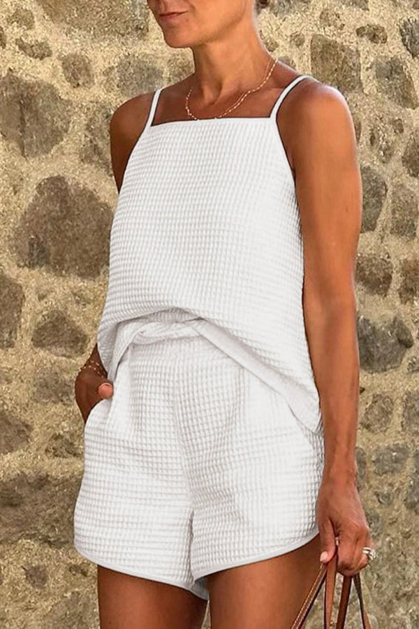 Avery® | White textured waffle knit camisole and spaghetti strap shorts set