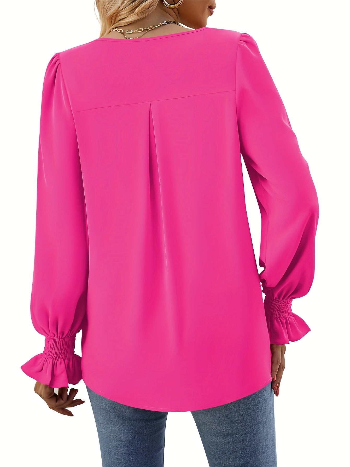 Brendell® | Simple V-Neck Blouse With Long Sleeves, Elegant Ruffled Blouse